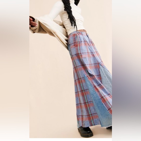 Free People Tricia Fix Plaid Denim Maxi Skirt Reworked Wine Blue - Picture 3 of 6